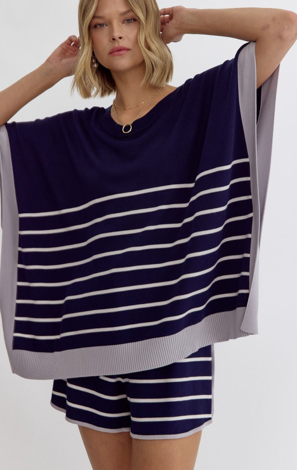 Navy Striped high-waisted knit shorts -