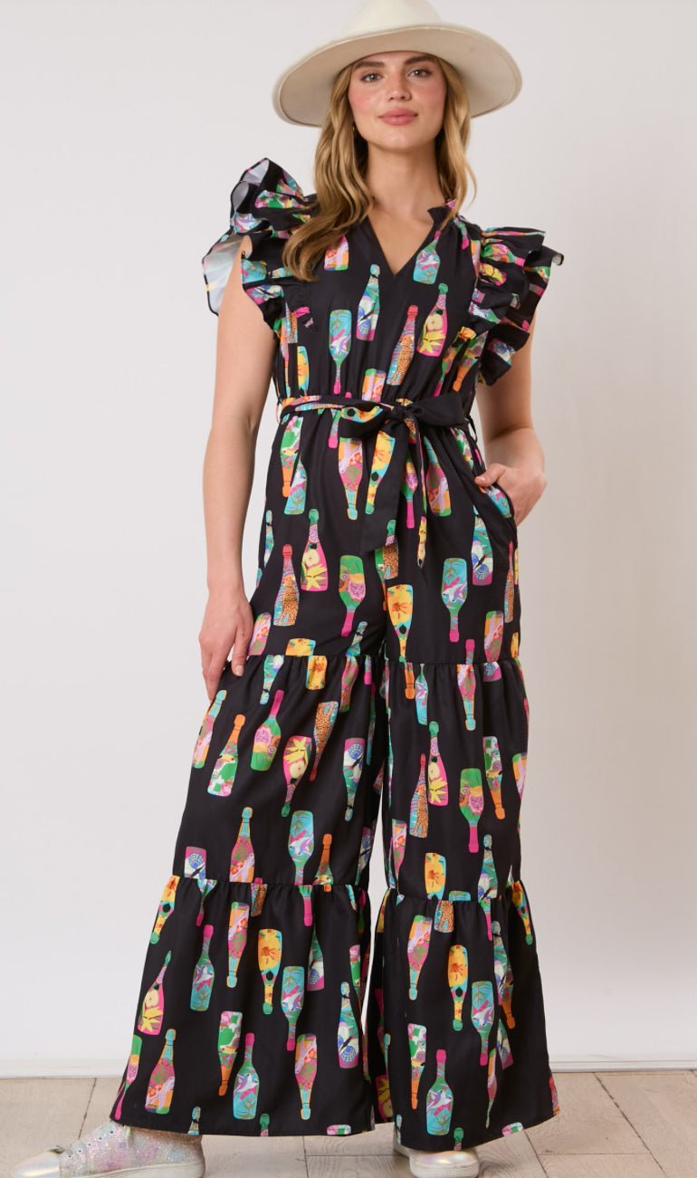 Champagne Bottle Printed Jumpsuit - Shoulder ruffles -