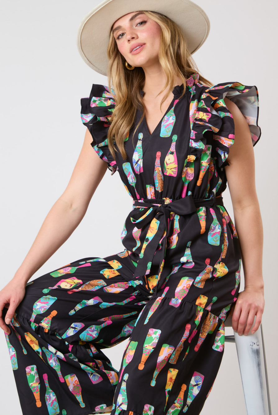 Champagne Bottle Printed Jumpsuit - Shoulder ruffles -