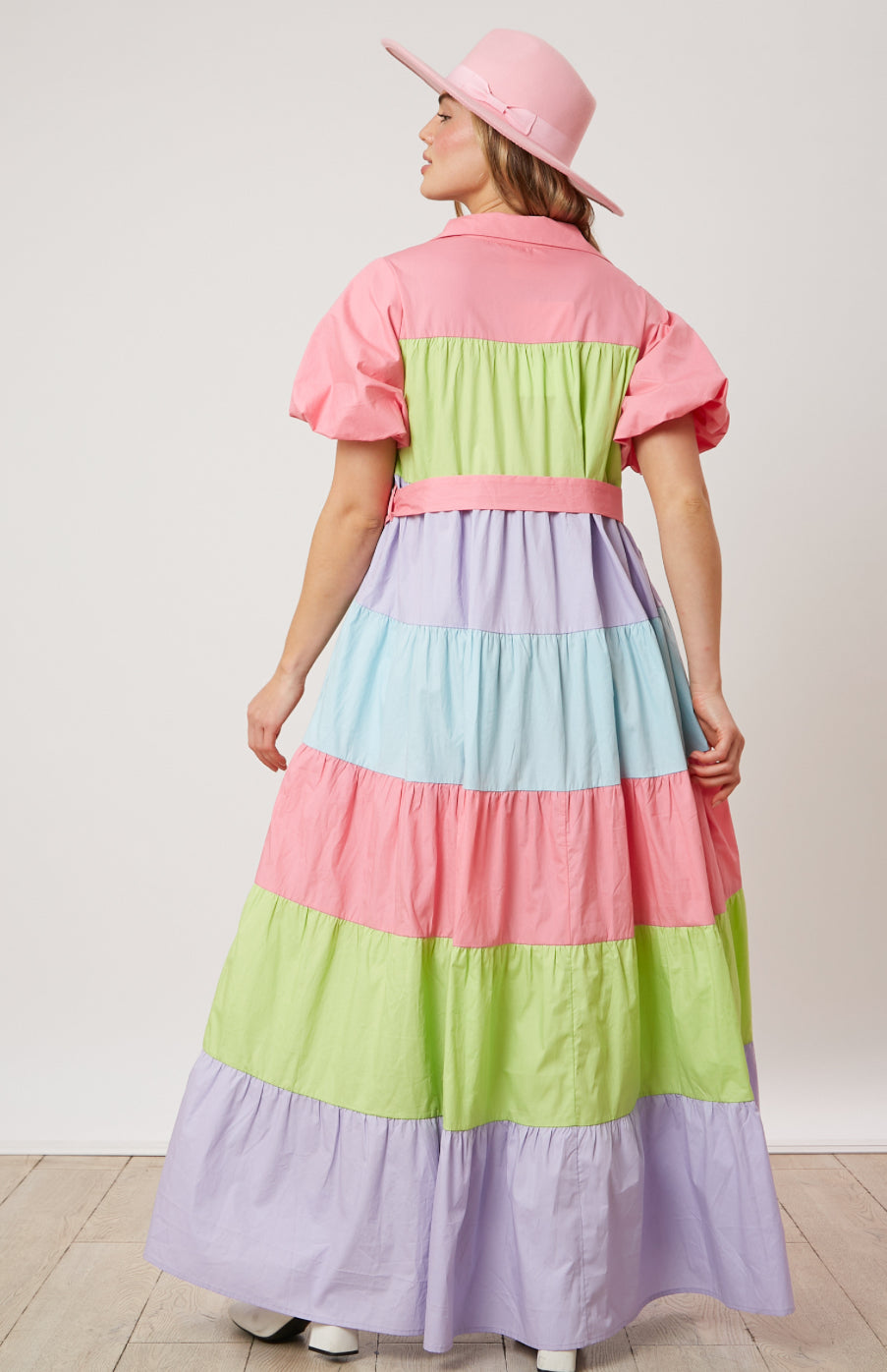 Belted Puff Sleeve Color Block Maxi Dress -