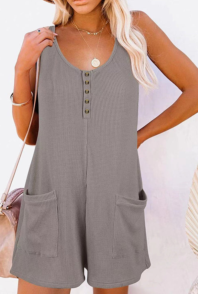 Grey Sleeveless Button Waffle Romper with Pockets