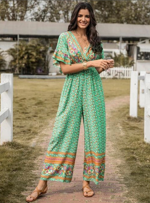 Gum Leaf Floral Surplice Flutter Sleeve Jumpsuit