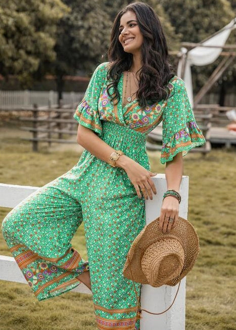 Gum Leaf Floral Surplice Flutter Sleeve Jumpsuit