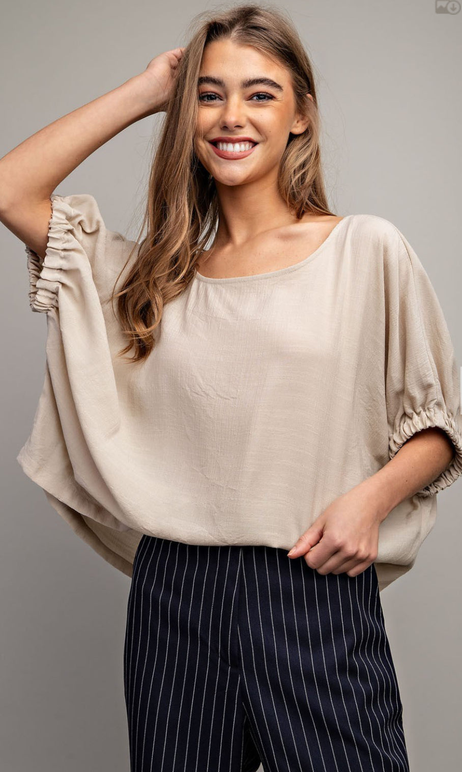 Oatmeal Elastic Sleeve Blouse Top