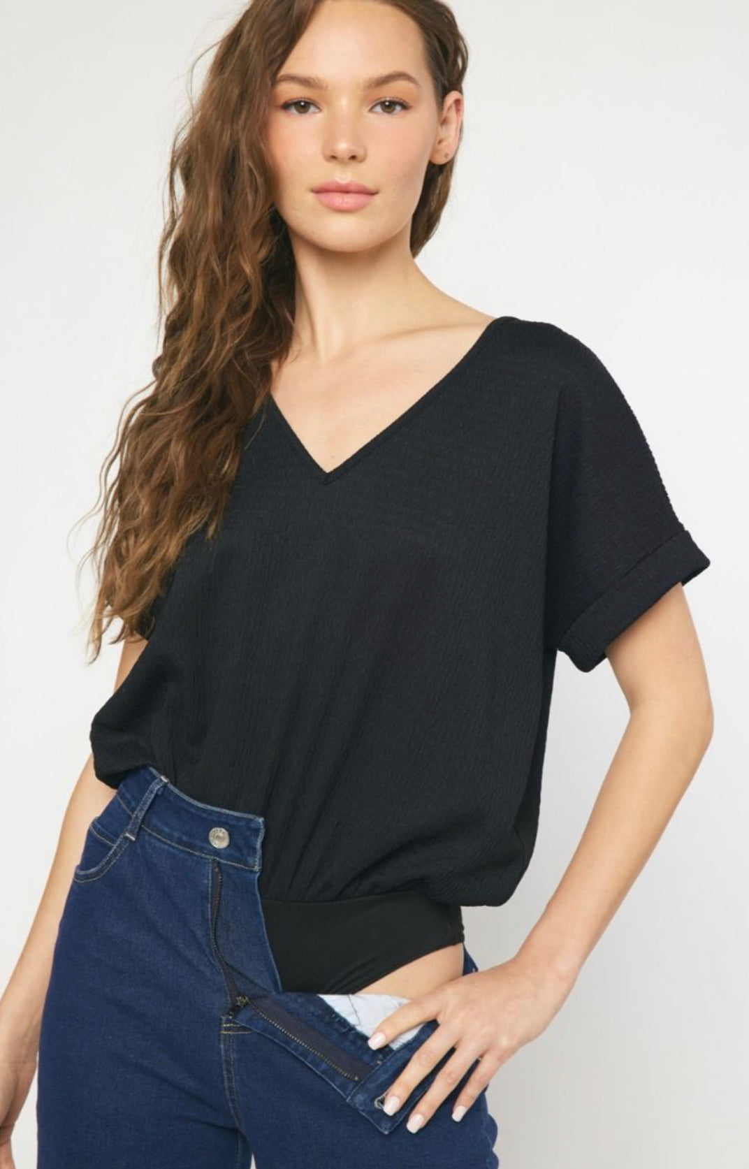 V-neck Black Short Sleeve Bodysuit