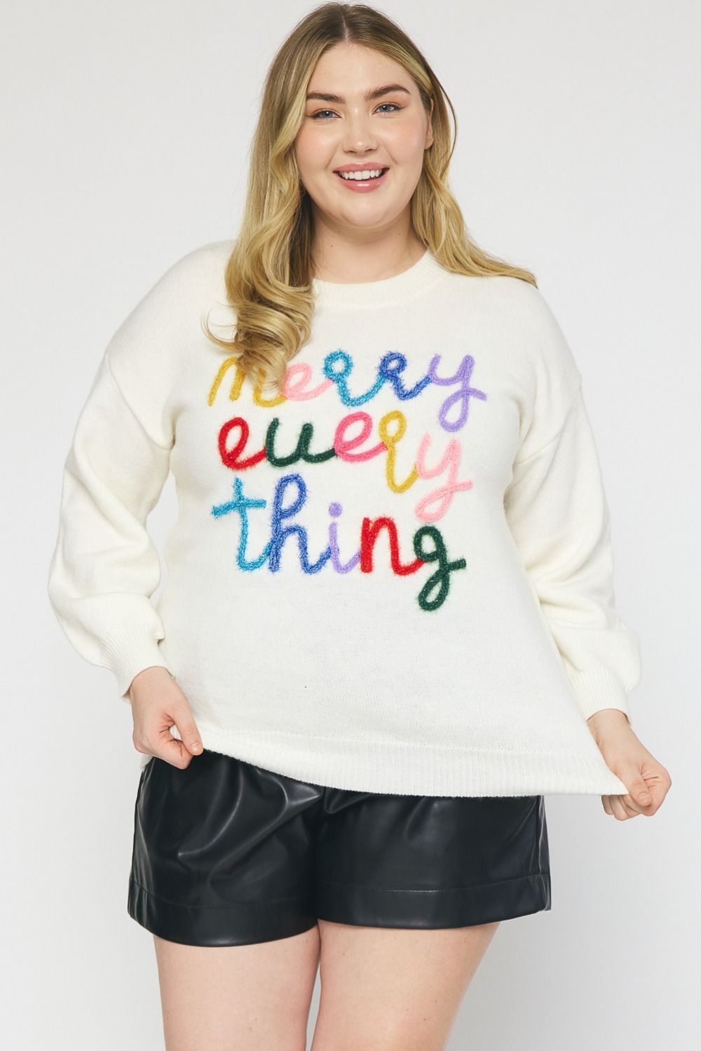 "Merry Everything" Round neck fuzzy knit sweater
