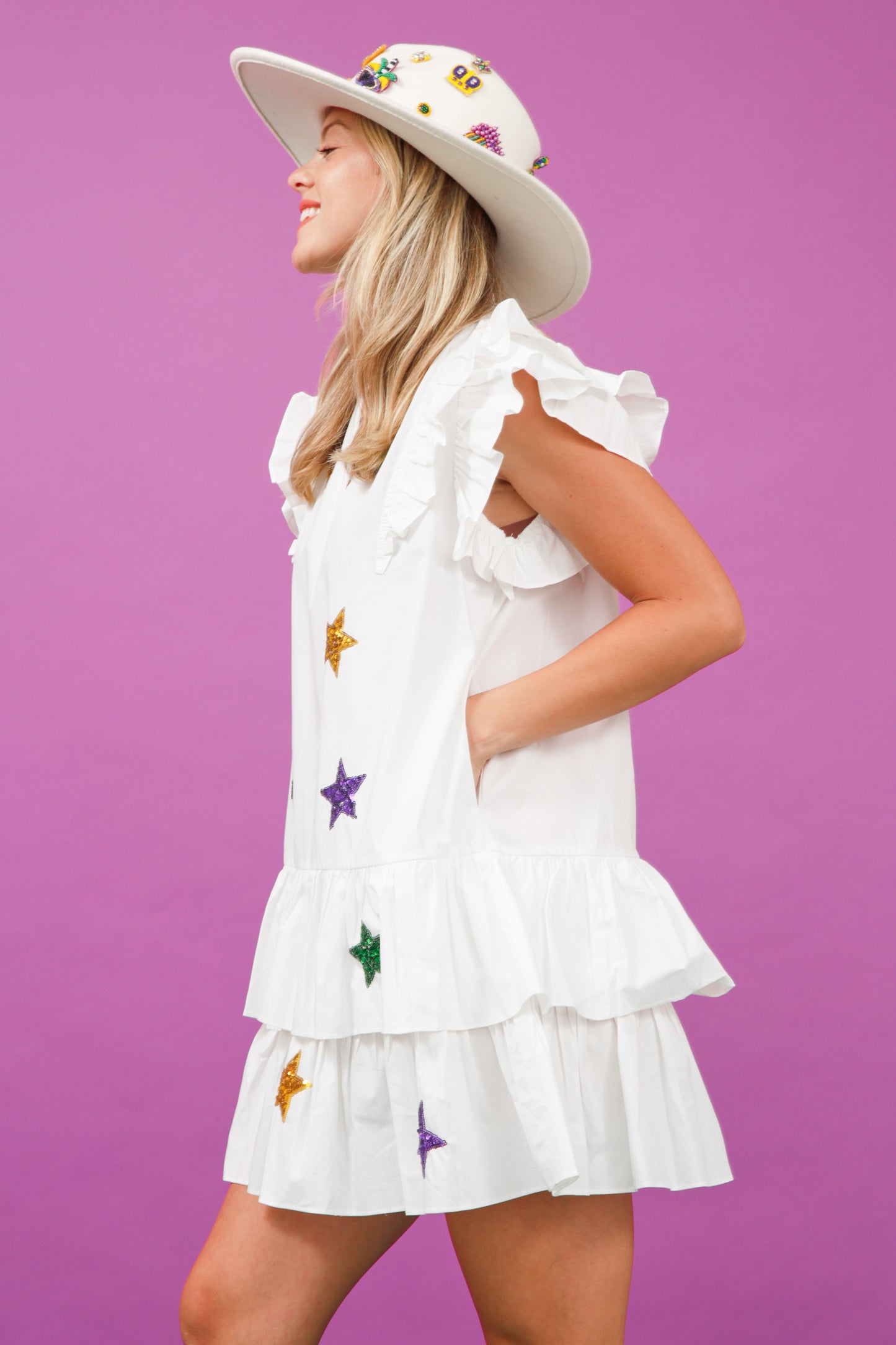 Mardi Gras Sequin Star Poplin Dress Fantastic Fawn