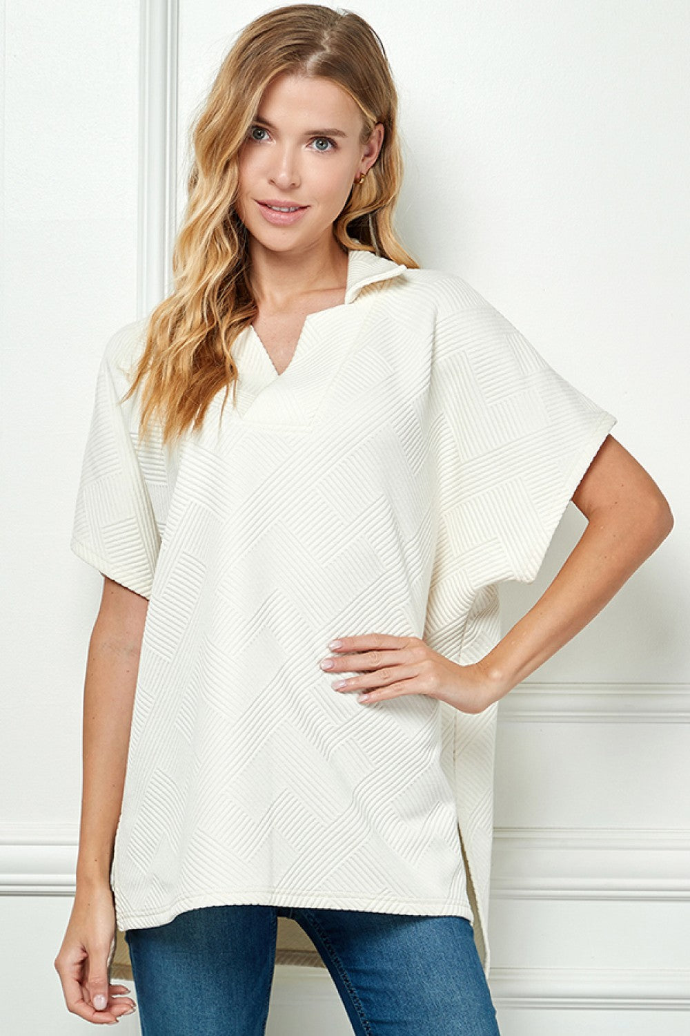 Cream Textured Drop Shoulder w/Collar TOP