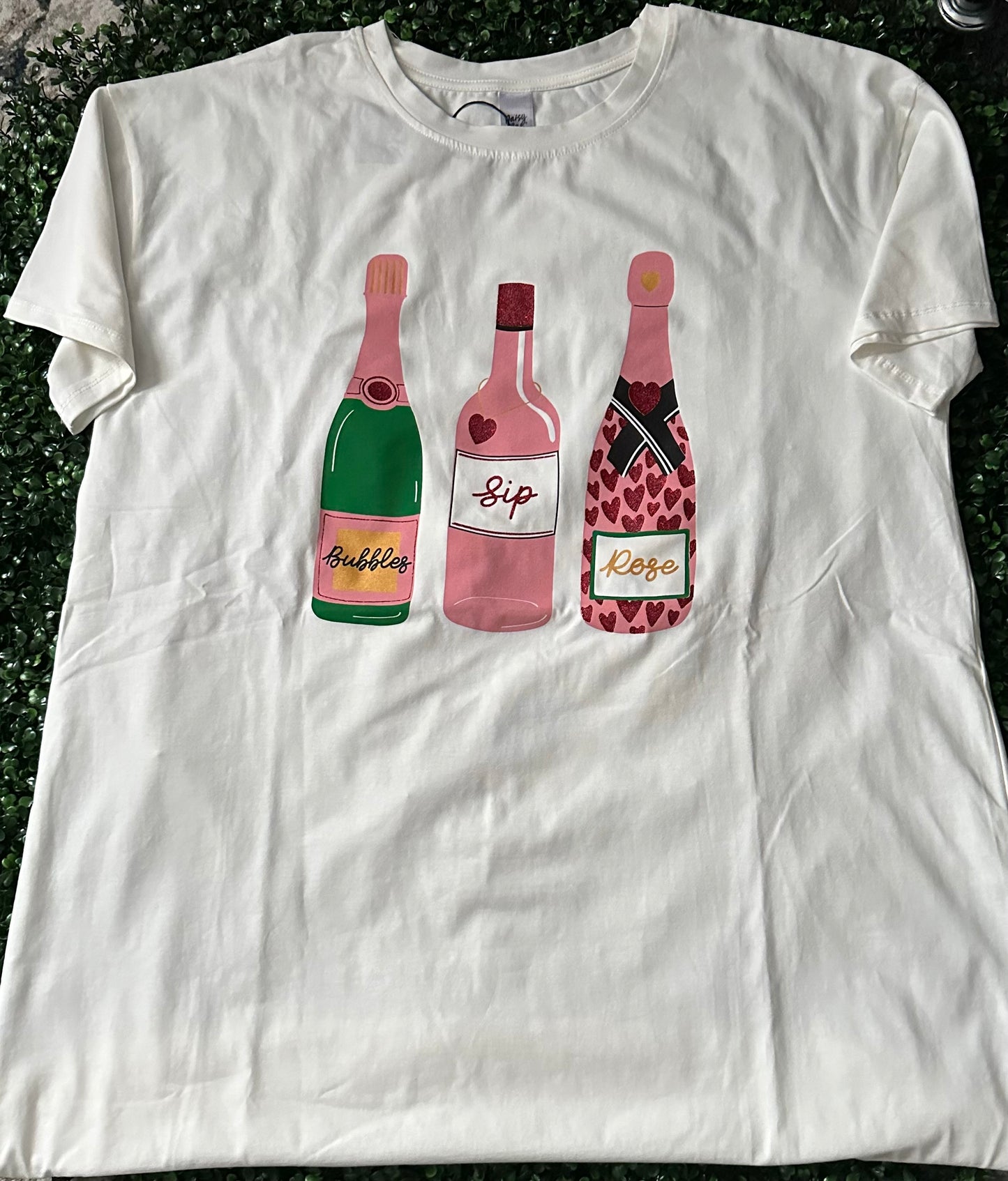 BUBBLES,SIP,ROSE ON WHITE T-SHIRT DRESS