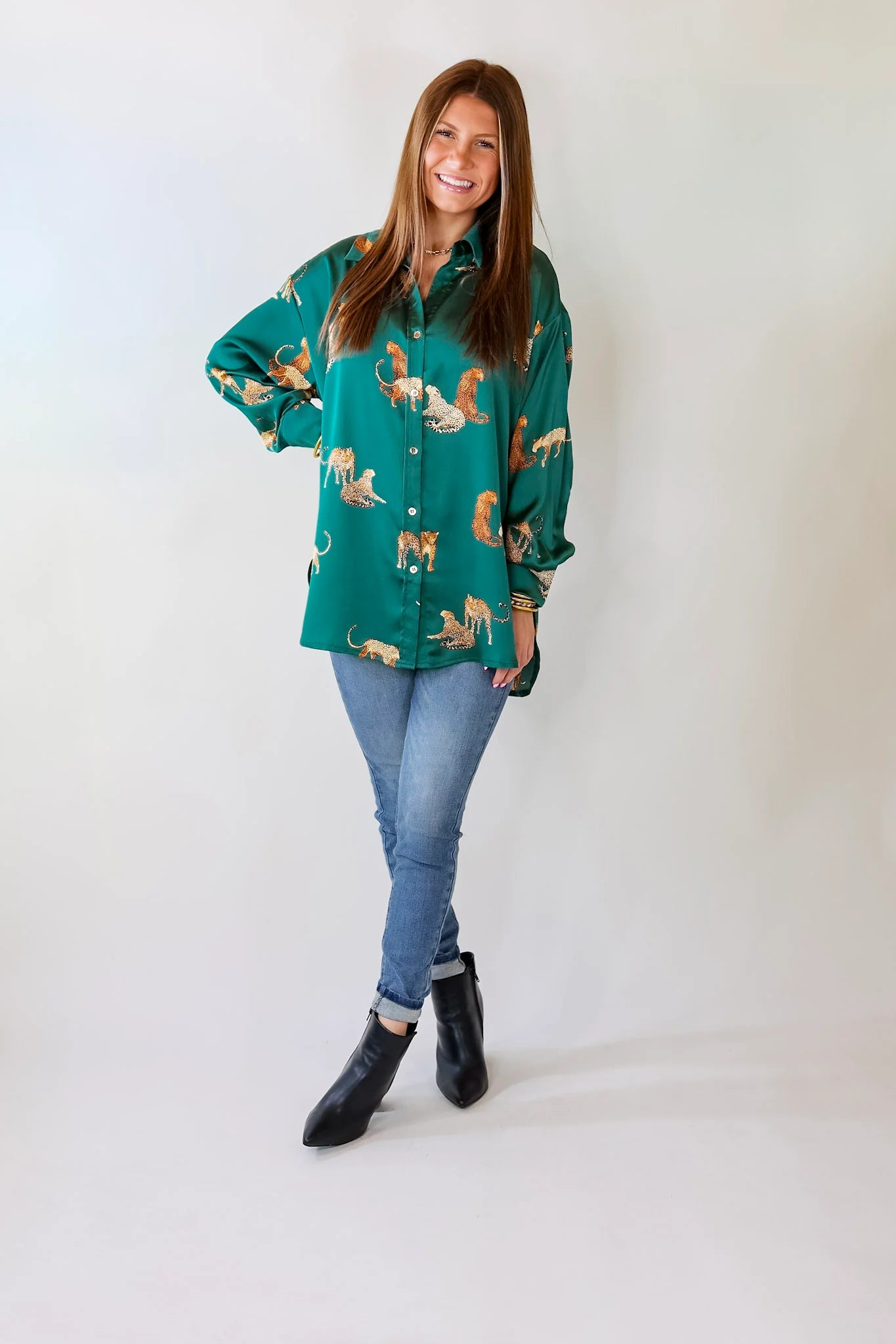 Leopard print button-up long sleeve top