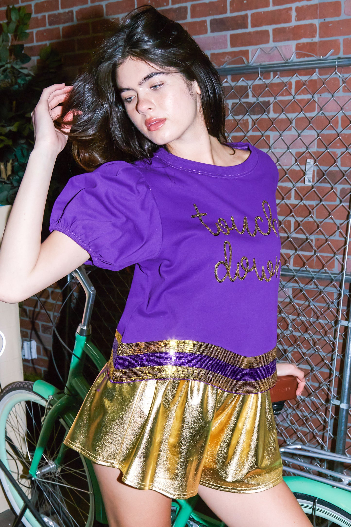 Touch Down Sequin Patch Tee with Wavy Hem