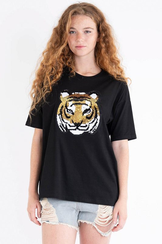 COTTON TIGER REVERSE PATCH SHORT SLEEVE TOP