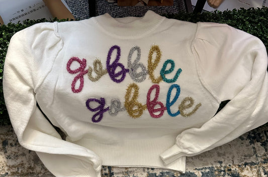 "Gobble Gobble" fuzzy letter Thanksgiving Sweater
