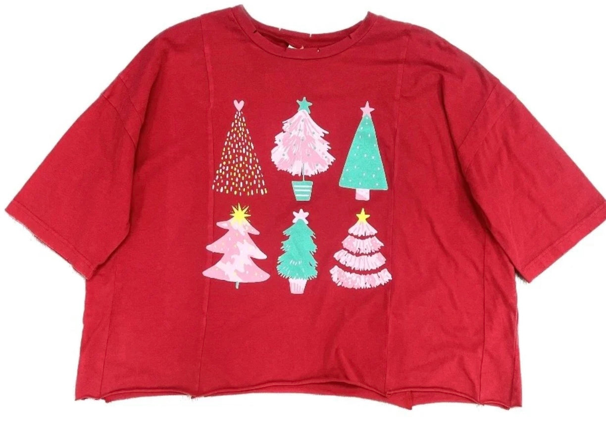 CHRISTMAS TREES ON RED BOXY CROP TOP