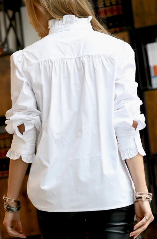 White Ruffle-Neck Cotton Poplin Blouse