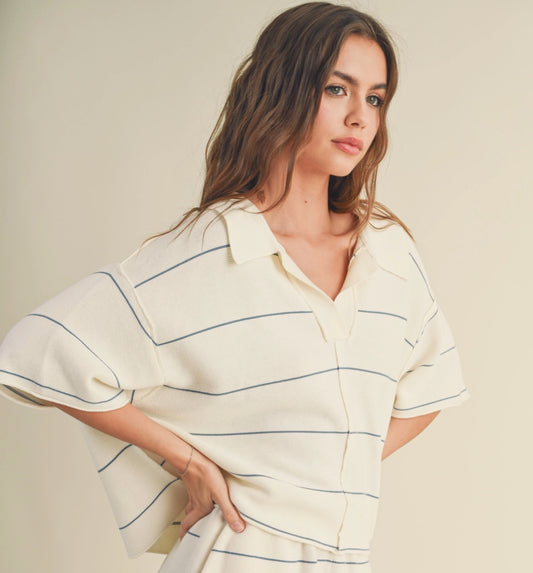 Striped Pattern Knitted Collar Top -
