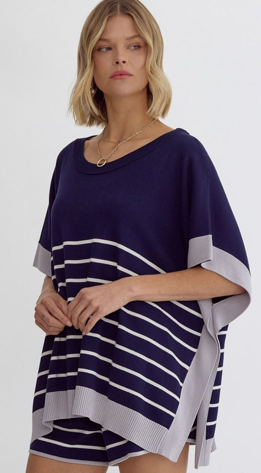 Navy Solid round neck poncho style top -