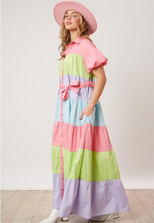 Belted Puff Sleeve Color Block Maxi Dress  -