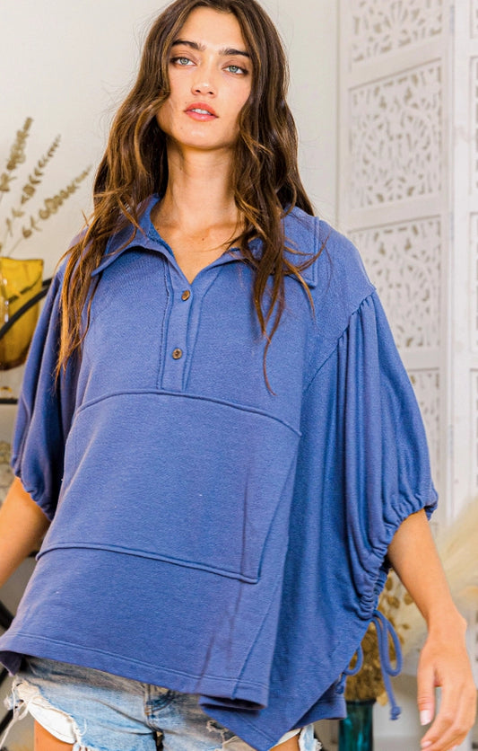 Blue Oversized Drawstring Tie Sleeves Detail Solid Top