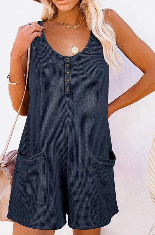 Blue Sleeveless Button Waffle Romper with Pockets