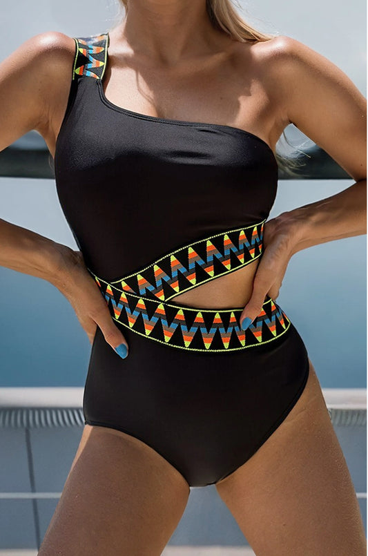 Black Zigzag Accent Cutout One Shoulder Teddy Swimwear