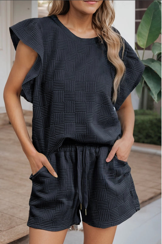 BLACK - Ruffled Sleeve Tee and Drawstring Shorts Set