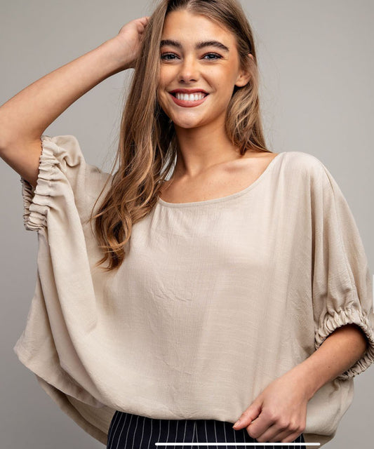 Oatmeal Elastic Sleeve Blouse Top