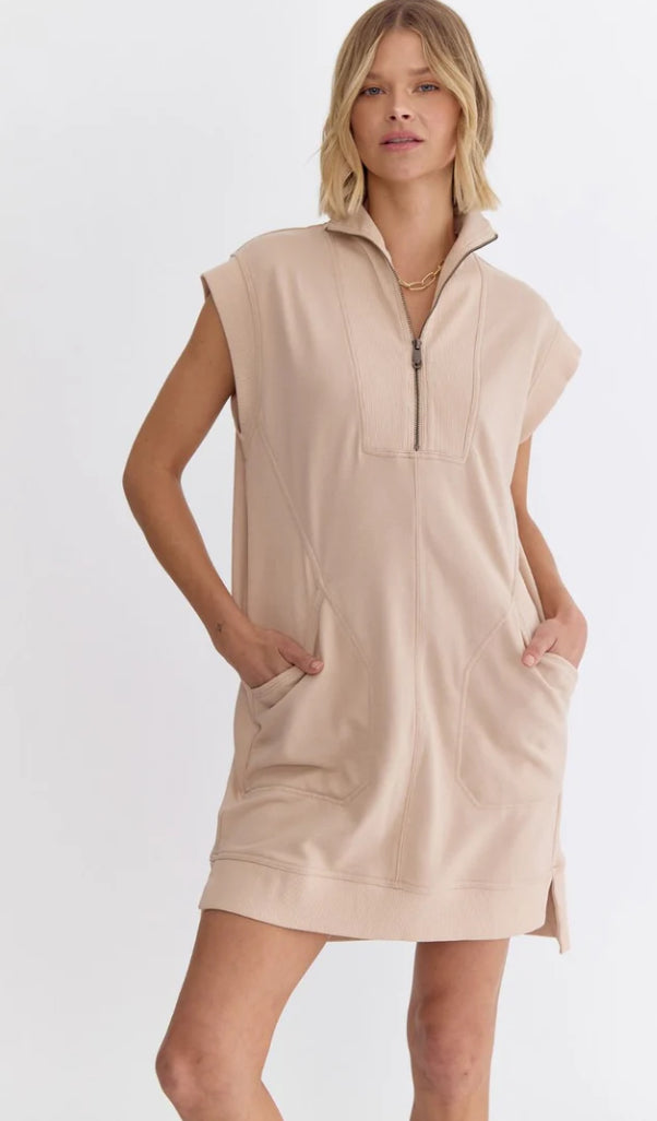 Solid mock-neck Mini Dress TAUPE