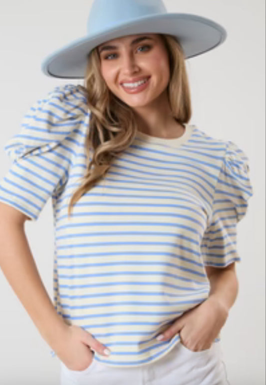 Cotton Jersey Stripe Puff SLV Crew Neck Tee