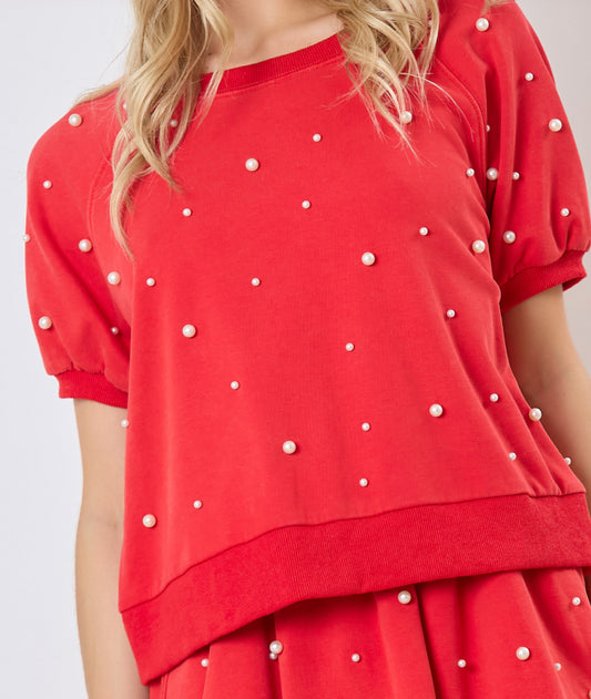 Raglan Pearl Trim Puff Sleeve Top - RED