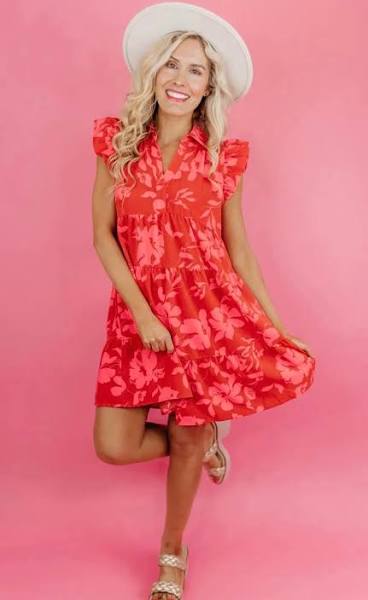 Floral Print Collar Tiered Dress in Red