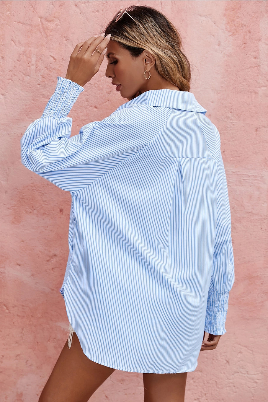 Smocked Cuffed Striped Boyfriend Shirt with Pocket