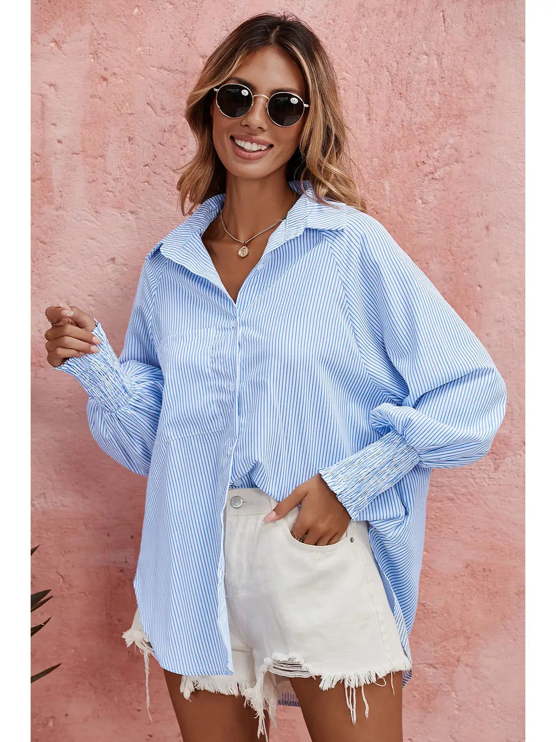 Smocked Cuffed Striped Boyfriend Shirt with Pocket