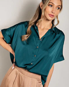 Satin Short Sleeve Teal Shirt